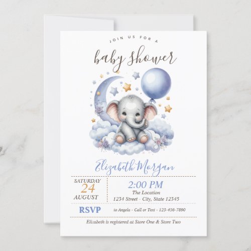Teddy Bear Cloud Stars Stripes Baby Shower Invitation