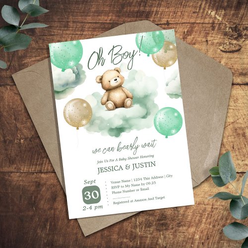 Teddy Bear Clouds Balloon Green Baby Shower Invitation