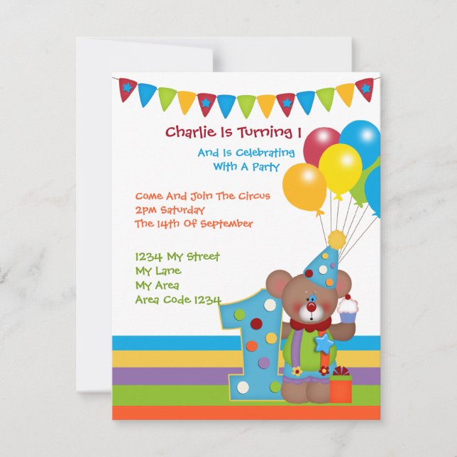 Teddy Bear Clown First Birthday Party Invitation (Front)