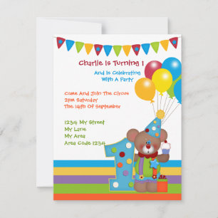 Teddy Bear Clown First Birthday Party Invitation