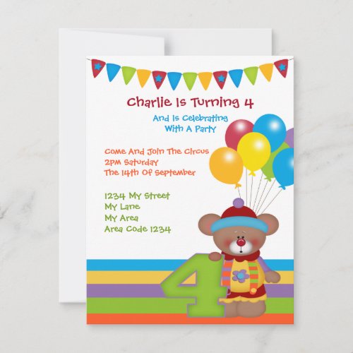 Teddy Bear Clown Fourth Birthday Party Invitation