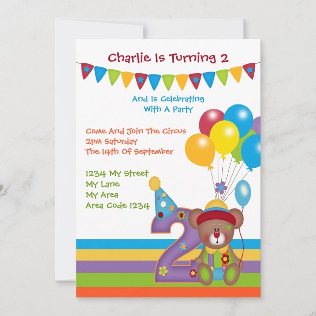 Teddy Bear Clown Second Birthday Party Invitation (Front)