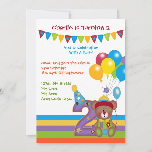 Teddy Bear Clown Second Birthday Party Invitation