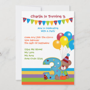 Teddy Bear ClownThird Birthday Party Invitation