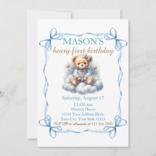 Teddy Bear Colorful Balloon Beary First Birthday Invitation