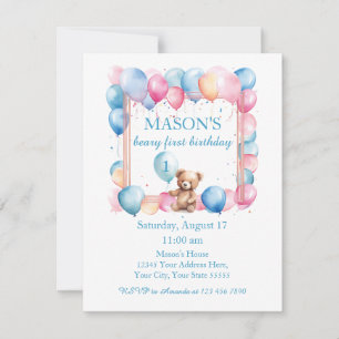 Teddy Bear Colorful Balloon Beary First Birthday  Invitation