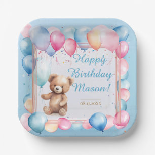 Teddy Bear Colorful Balloon Beary First Birthday Paper Plates