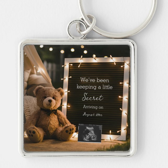 Teddy Bear Cozy Night Pregnancy Announcement gift Keychain (Front)