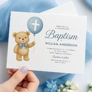 Teddy Bear & Cross Baptism Invitation