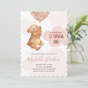 Teddy Bear Cub Pink Clouds 1st Birthday Invitation