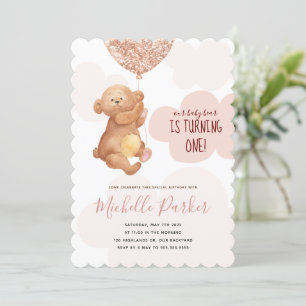 Teddy Bear Cub Pink Clouds 1st Birthday Invitation