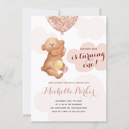 Teddy Bear Cub Pink Clouds 1st Birthday Invitation