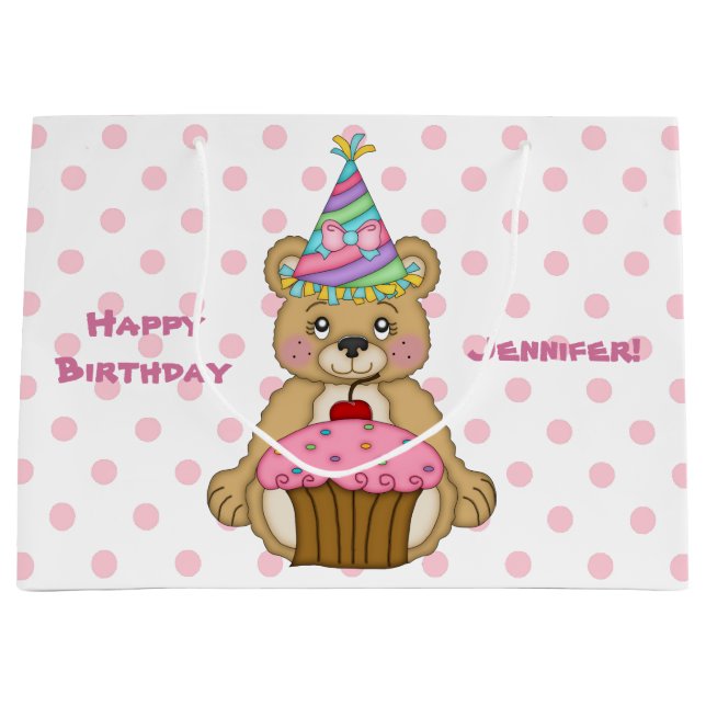 Teddy Bear Cupcake Pink Personalized Large Gift Bag (Front)