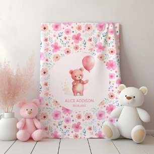 Teddy Bear Custom Name Pink Floral Pattern Girl Baby Blanket