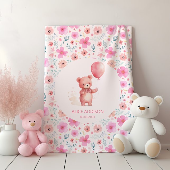 Teddy Bear Custom Name Pink Floral Pattern Girl Baby Blanket (Creator Uploaded)