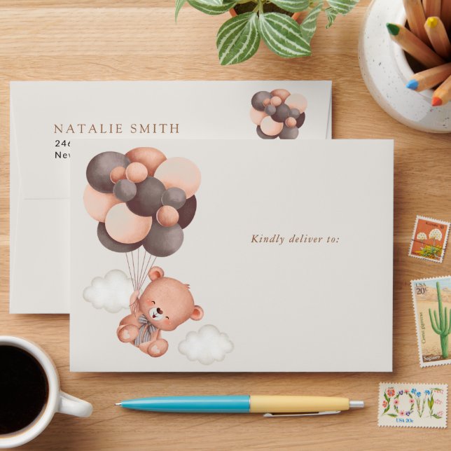Teddy Bear, Cute Bear, Brown Balloons, Birthday Envelope (Desk)