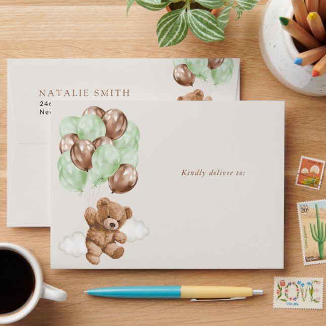 Teddy Bear, Cute Bear, Green Balloons, Birthday Envelope (Desk)
