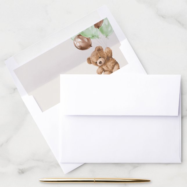 Teddy Bear, Cute Bear, Green Balloons, Birthday Envelope Liner (Desk)