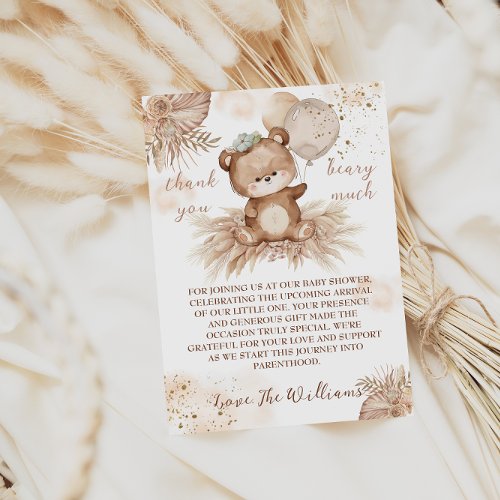 Teddy Bear Cute Beige Pampas Baby Shower  Thank You Card
