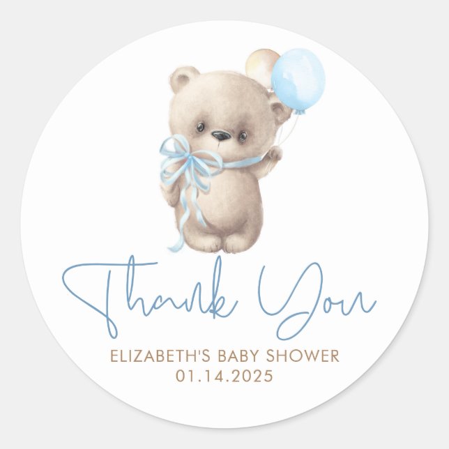 Teddy Bear Cute Blue Brown Baby Shower Thank You Classic Round Sticker (Front)