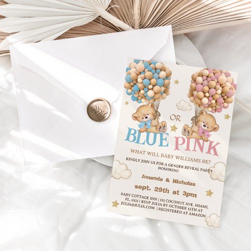 Teddy Bear Cute Blue or Pink Gender Reveal Boho Invitation