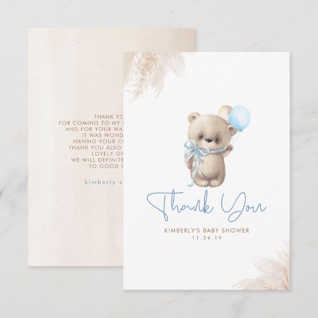 Teddy Bear Cute Boy Baby Shower Thank You Card (Front/Back)