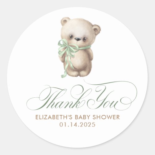 Teddy Bear Cute Brown Sage Baby Shower Thank You Classic Round Sticker