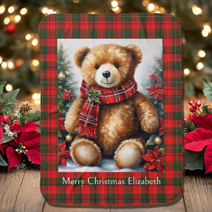 Teddy Bear Cute Christmas Red Green Plaid Baby Blanket
