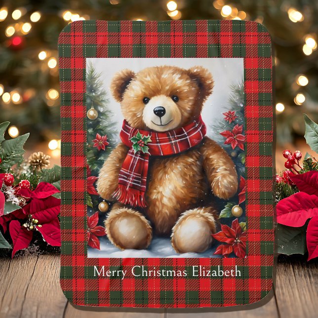 Teddy Bear Cute Christmas Red Green Plaid Baby Blanket (Creator Uploaded)