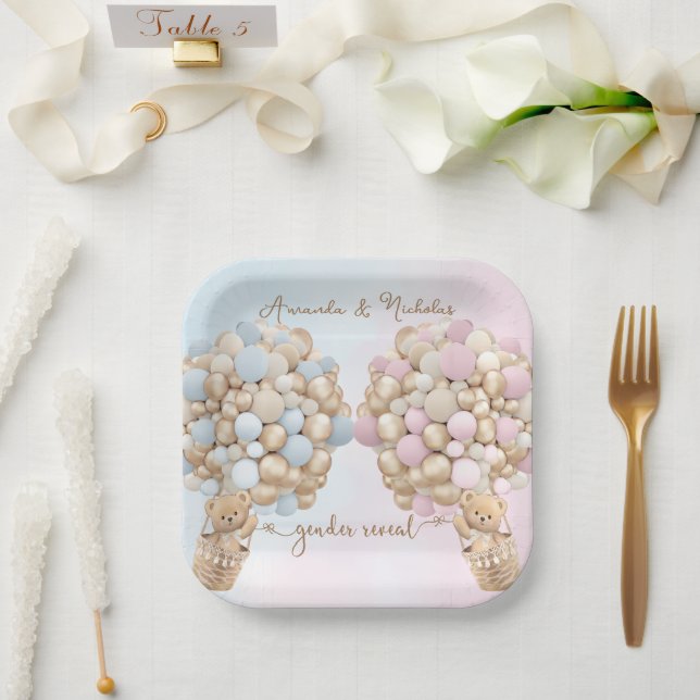 Teddy Bear Cute Pink and Blue Baby Reveal Paper Plates (Wedding)
