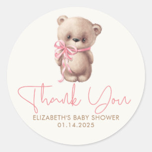 Teddy Bear Cute Pink Brown Baby Shower Thank You Classic Round Sticker