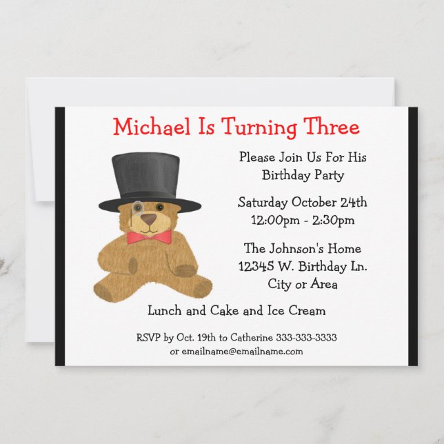 Teddy Bear Cute Top Hat Boy Birthday Custom Year Invitation (Front)