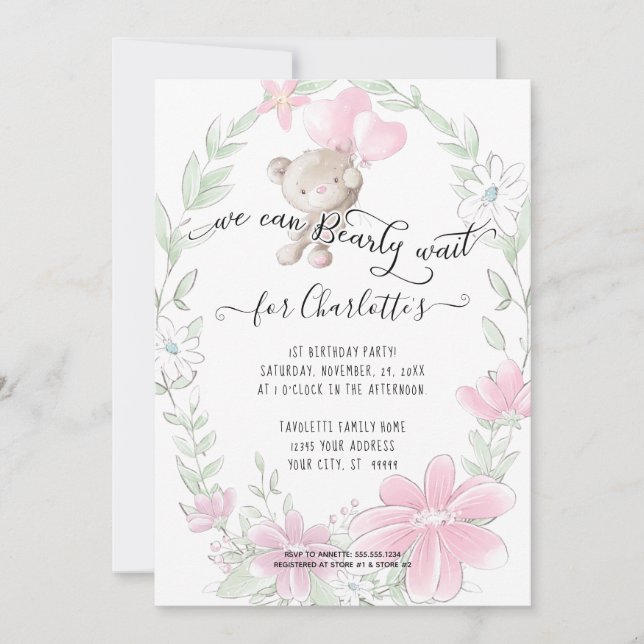 Teddy Bear Cute w Balloons Floral Baby Girl Shower Invitation (Front)