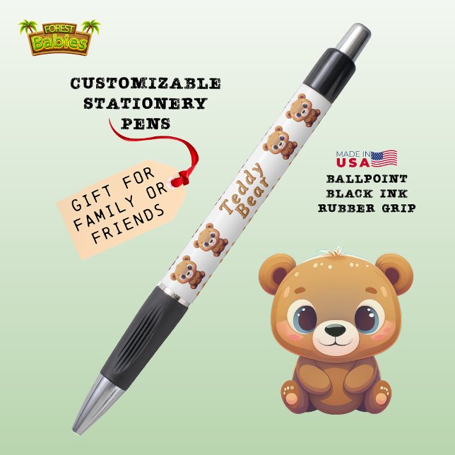 Teddy Bear, Cute Wildlife Woodland Animal White Pen (Cute Customizable Teddy Bear Animal Cartoon Graphic Character Stationery Pen Gifts 🐻🎁)