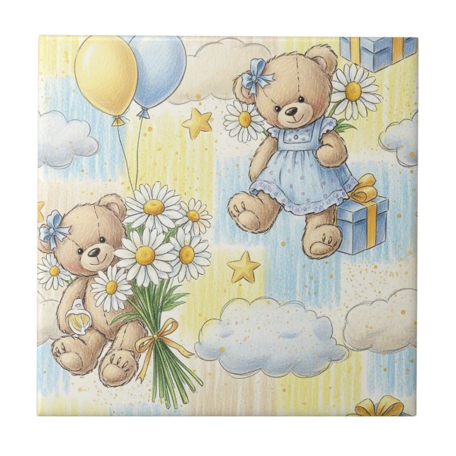 Teddy Bear Daisy Garden Pattern (11) Ceramic Tile (Front)