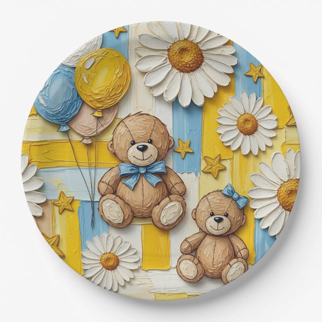 Teddy Bear Daisy Garden Pattern (11) Paper Plates (Front)