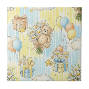 Teddy Bear Daisy Garden Pattern (12) Ceramic Tile