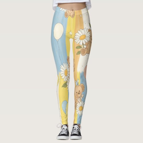 Teddy Bear Daisy Garden Pattern (12) Leggings