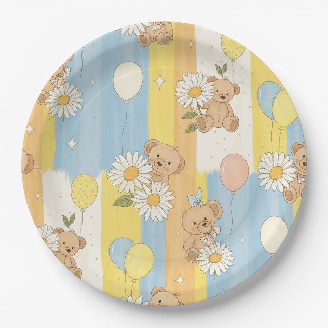 Teddy Bear Daisy Garden Pattern (12) Paper Plates (Front)