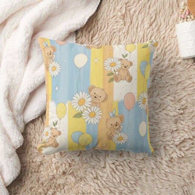 Teddy Bear Daisy Garden Pattern (12) Throw Pillow (Blanket)