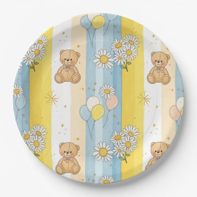 Teddy Bear Daisy Garden Pattern (13) Paper Plates (Front)