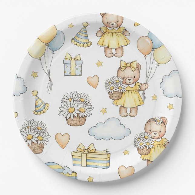 Teddy Bear Daisy Garden Pattern (14) Paper Plates (Front)