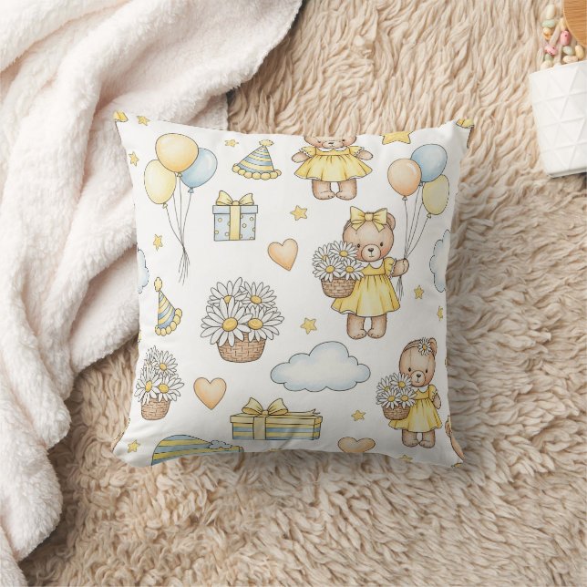 Teddy Bear Daisy Garden Pattern (14) Throw Pillow (Blanket)