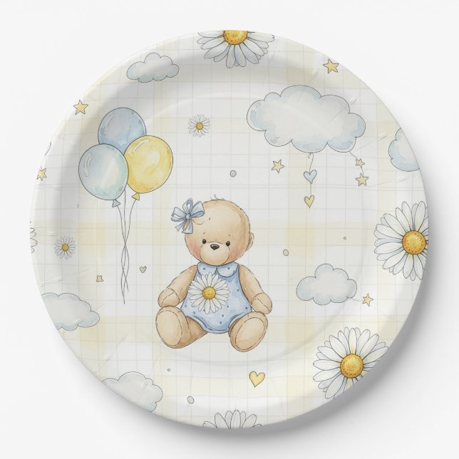 Teddy Bear Daisy Garden Pattern (15) Paper Plates (Front)
