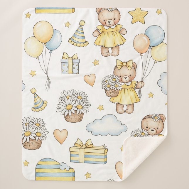 Teddy Bear Daisy Garden Pattern (15) Sherpa Blanket (Front)