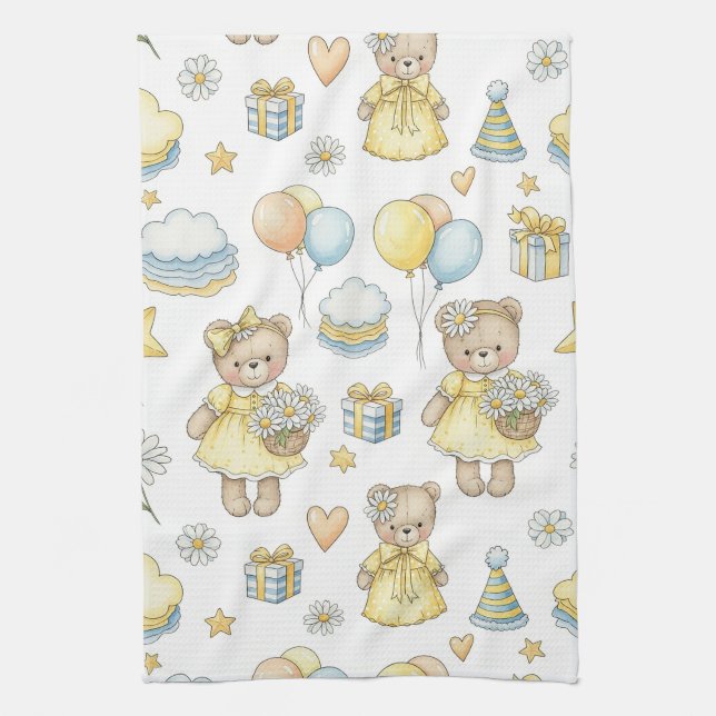 Teddy Bear Daisy Garden Pattern (16) Kitchen Towel (Vertical)
