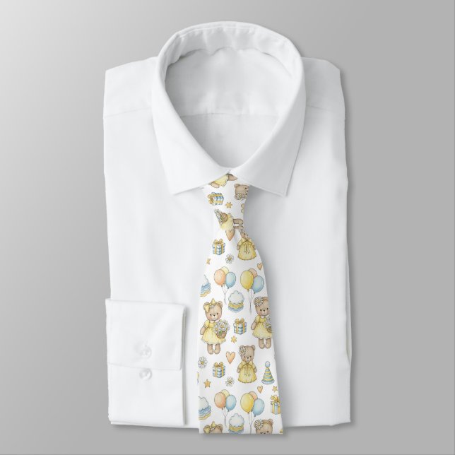 Teddy Bear Daisy Garden Pattern (16) Neck Tie (Tied)