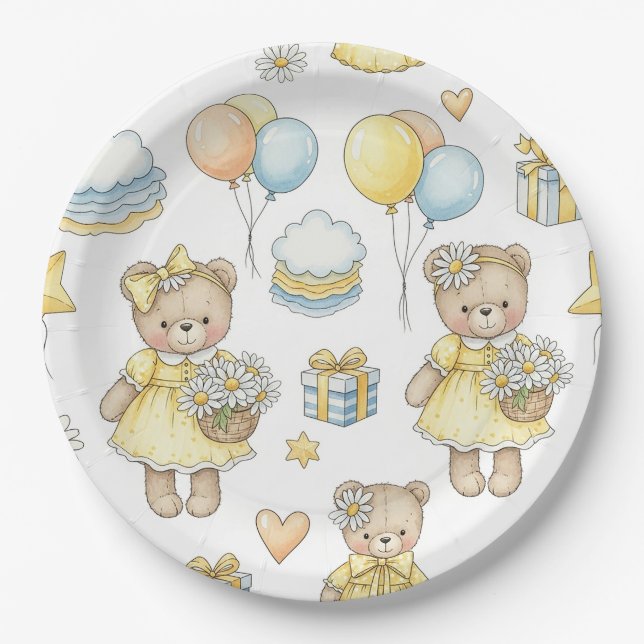 Teddy Bear Daisy Garden Pattern (16) Paper Plates (Front)