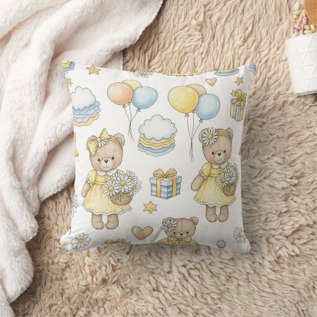 Teddy Bear Daisy Garden Pattern (16) Throw Pillow (Blanket)