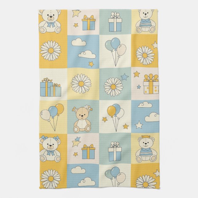 Teddy Bear Daisy Garden Pattern (17) Kitchen Towel (Vertical)